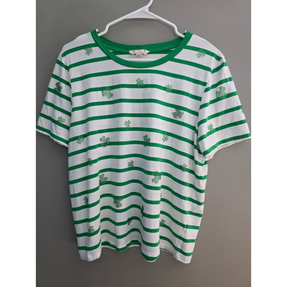 Marled Womens XL Green White Striped Rhinestone Shamrock St Patricks Day T-Shirt